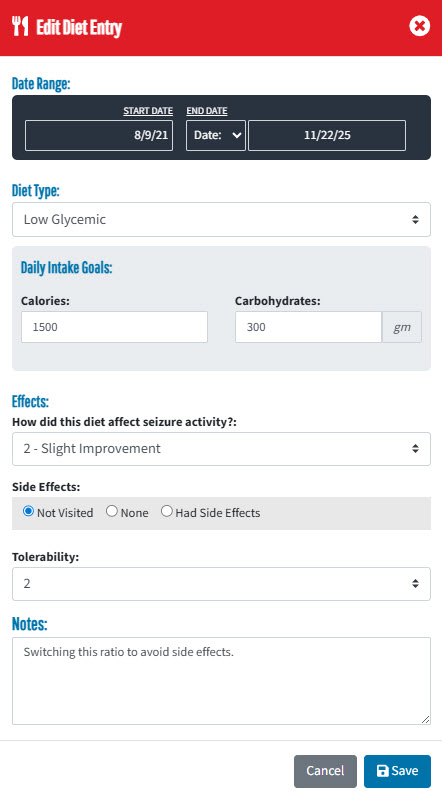 Seizure Tracker diet form